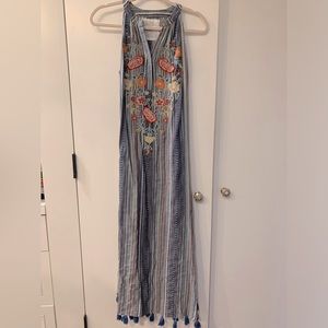 Kyla Seo Multi Stripe Embroidered Boho Tassel Maxi Dress XS
